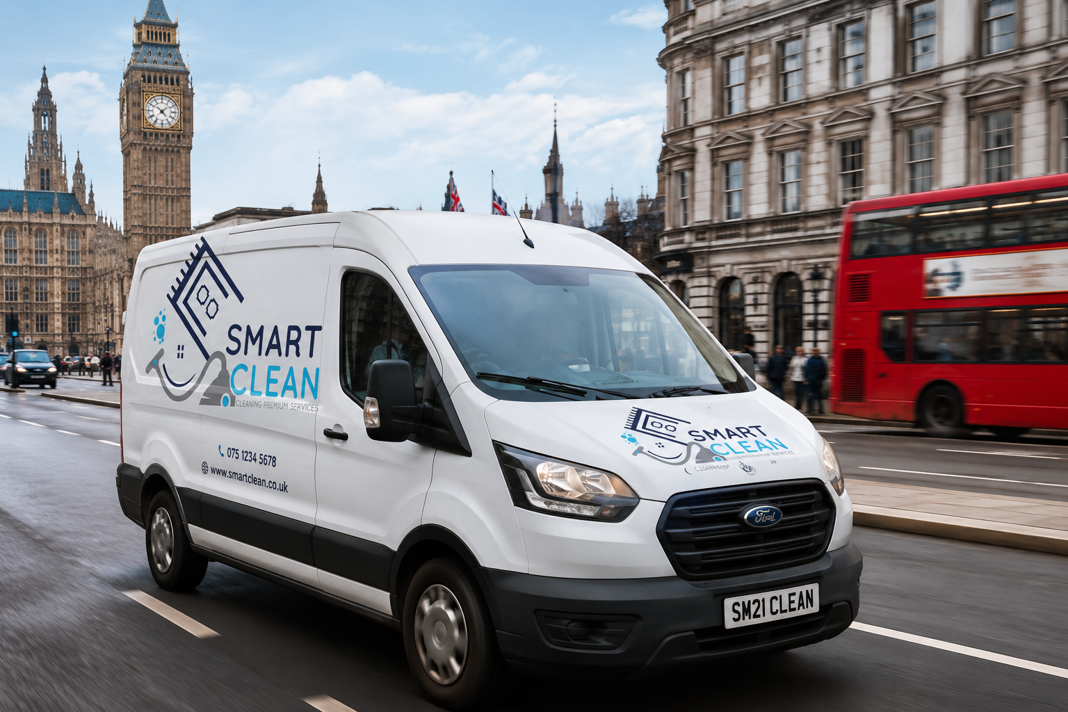 Smart Clean branded van driving through central London