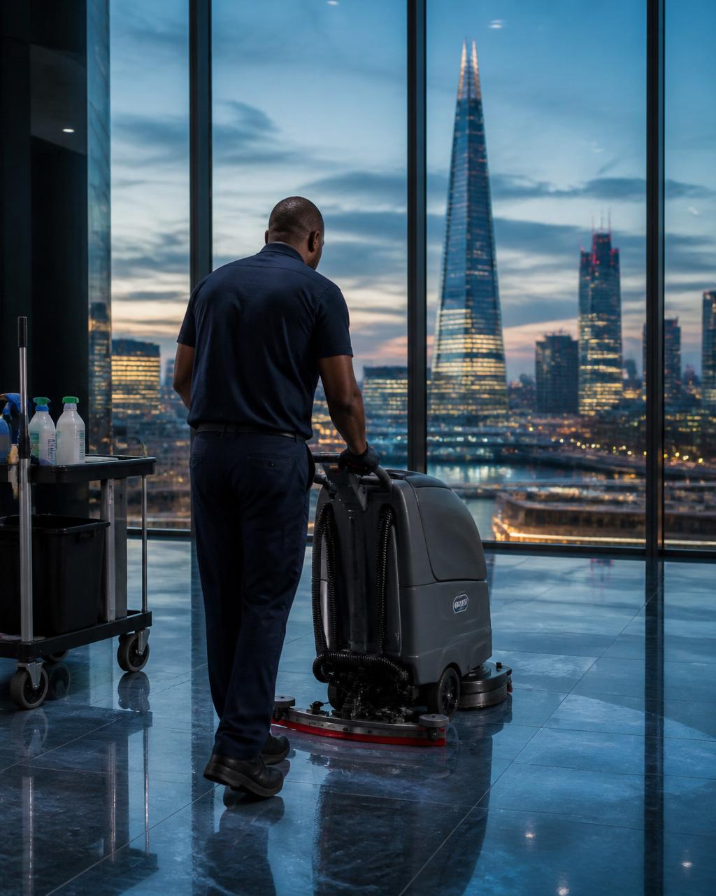 Professional Smart Clean operative cleaning a London high-rise office at dusk with The Shard on the skyline